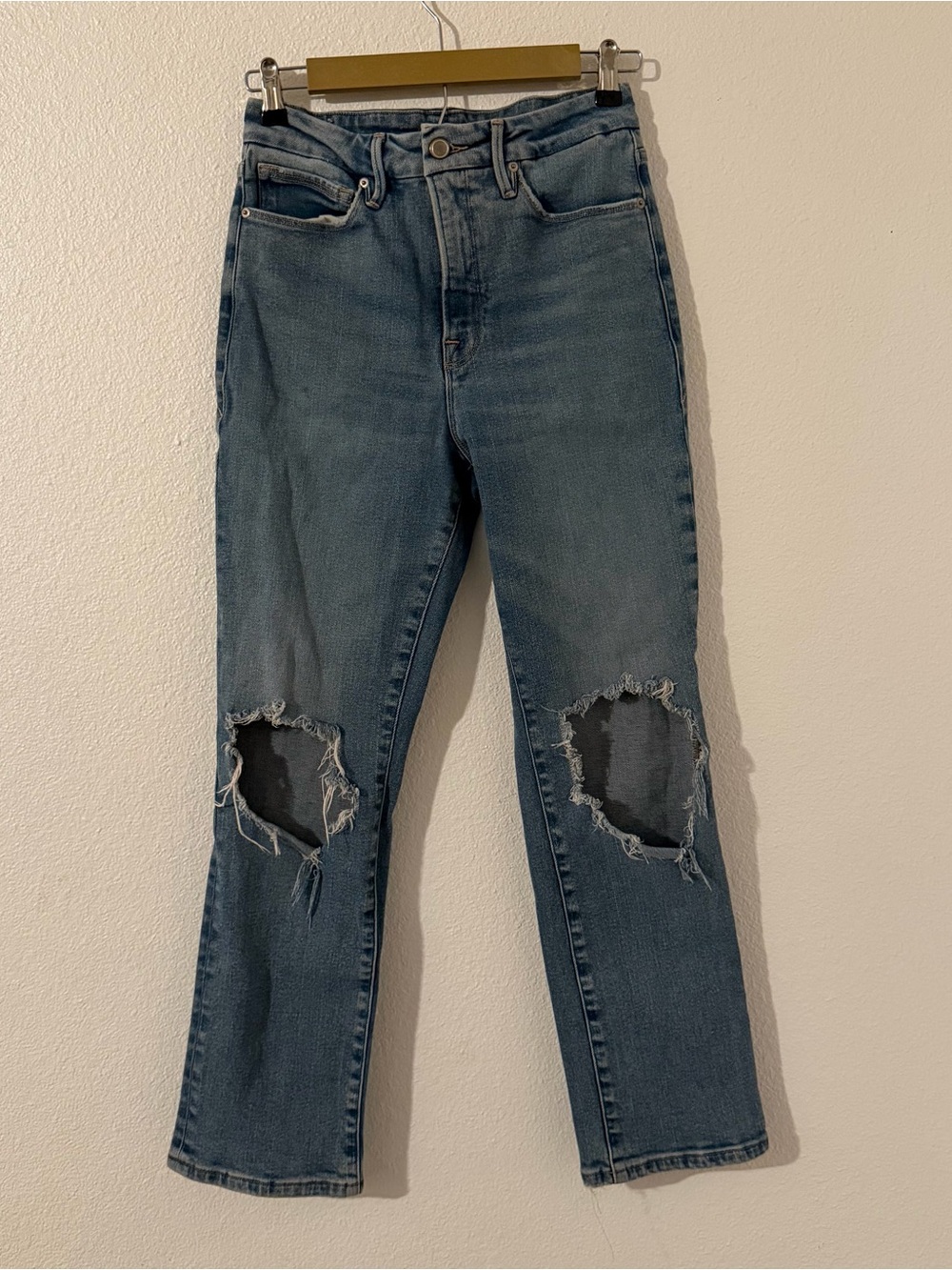Good American Jeans Womens 27 Blue High Rise Good Vintage Straight Leg Distress